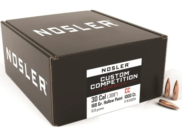 Nosler Custom Competition Bullets 30 Caliber (308 Diameter) 168 Grain Hollow Point Boat Tail