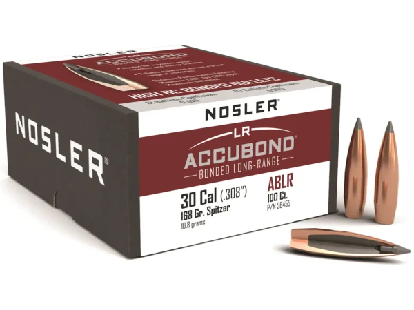 Nosler AccuBond Long Range Bullets 30 Caliber (308 Diameter) 168 Grain Bonded Spitzer Boat Tail Box of 100